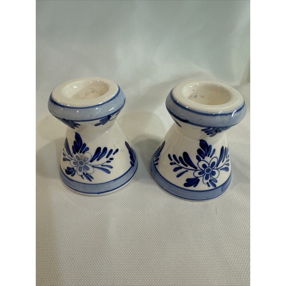 2‎ Vtg Ceramic Pottery Candle Holders Hand Painted White Blue Floral 2.5"